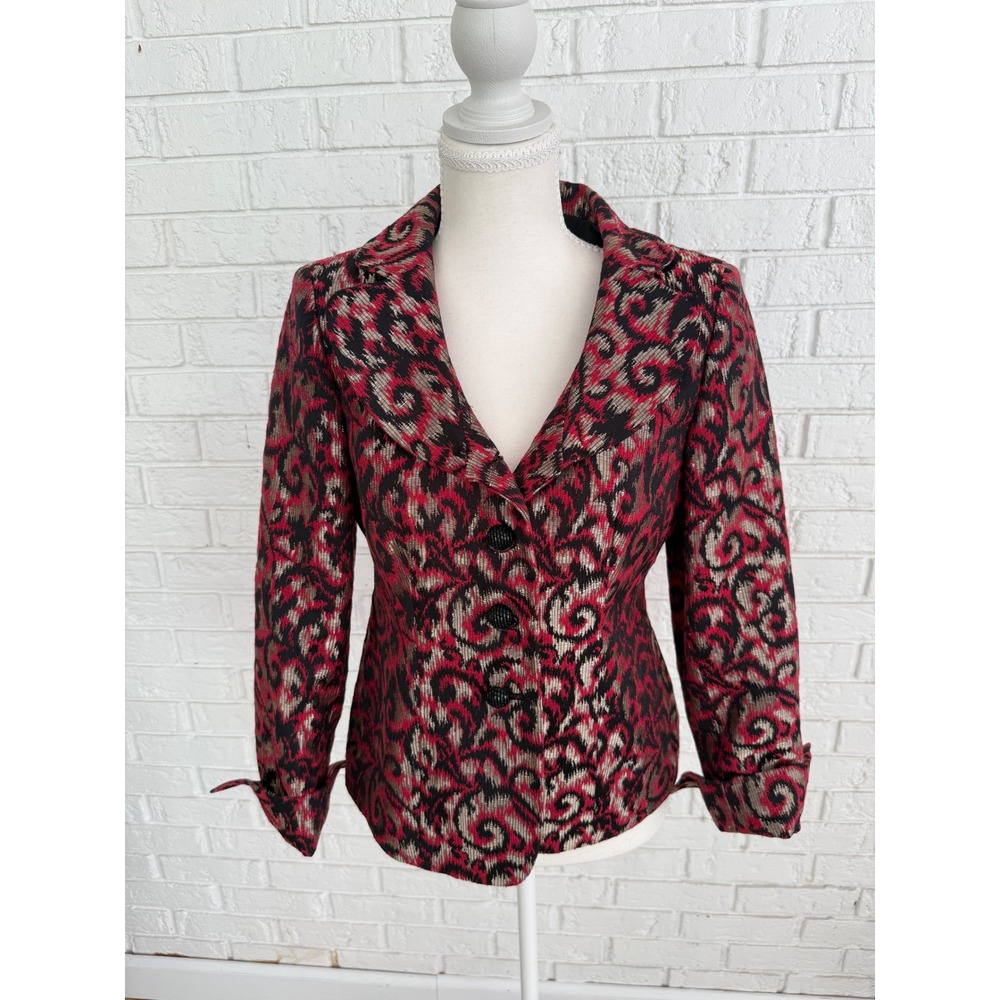 Kasper Blazer Jacket Womens 4P Red Black Excellent Jacquard Scroll Metallic
